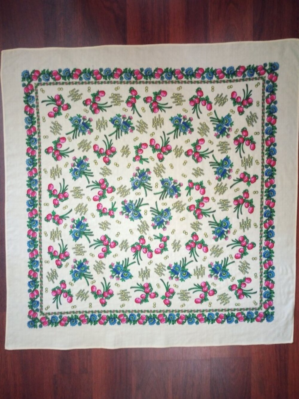Vintage Hand Printed Wool Floral Square Scarf Switzerland Japan Cream Ivory